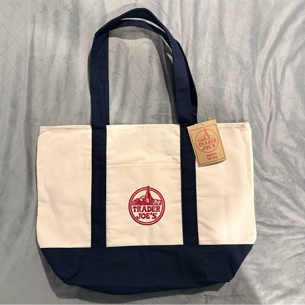 Trader Joe's Navy and White Tote Bag NWT